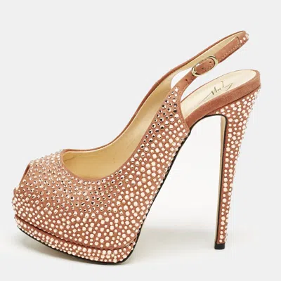 Pre-owned Giuseppe Zanotti Pink Suede Crystal Embellished Liza Peep Toe Platform Pumps Size 37.5