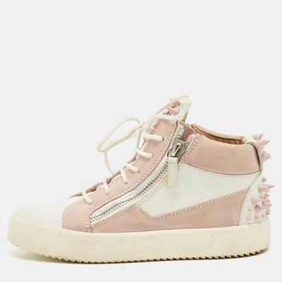 Pre-owned Giuseppe Zanotti Pink/white Suede And Leather Double Zipper High Top Sneakers Size 37