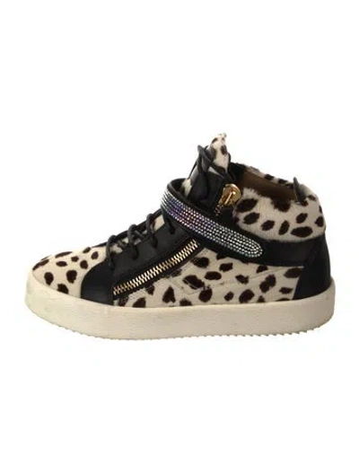 Pre-owned Giuseppe Zanotti Ponyhair Animal Print Wedge Sneakers In White