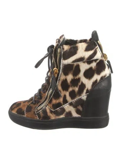 Pre-owned Giuseppe Zanotti Ponyhair Printed Lace-up Boots In Brown