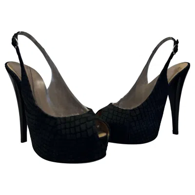 Pre-owned Giuseppe Zanotti Python Embossed Suede Slingback Pumps It 38.5 Black Peep Toe