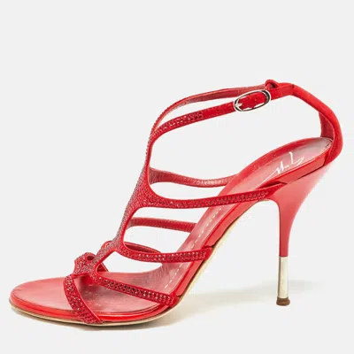 Pre-owned Giuseppe Zanotti Red Crystal Embellished Suede Strappy Sandals Size 37