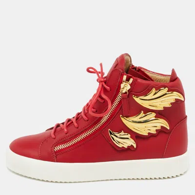 Pre-owned Giuseppe Zanotti Red Leather Wings Detail High Top Sneakers Size 42