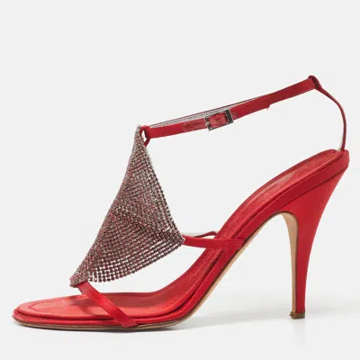 Pre-owned Giuseppe Zanotti Red Satin Crystal Embellished Ankle Strap Sandals Size 38.5