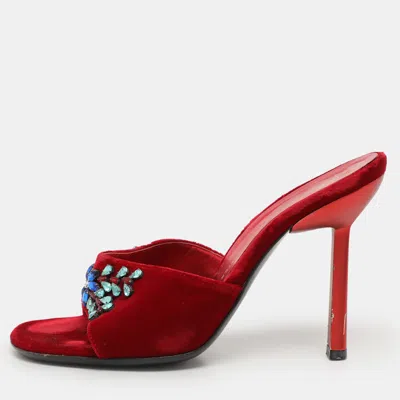 Pre-owned Giuseppe Zanotti Red Velvet Crystal Embellished Sandals Size 37