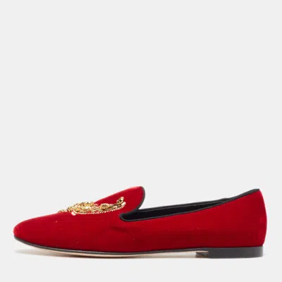 Pre-owned Giuseppe Zanotti Red Velvet Crystal Embellished Smoking Slippers Size 38