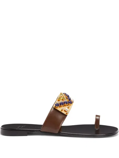 Giuseppe Zanotti Rhinestone-embellished Flat Sandals In Brown