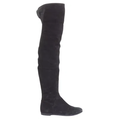Pre-owned Giuseppe Zanotti Sandra Black Suede Flat Over The Knee Thigh High Boots Eu35