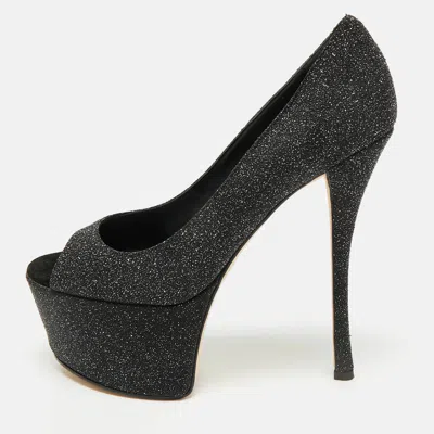 Pre-owned Giuseppe Zanotti Sharon Size 39.5 Black Glitter Platform Peep Toe Pumps