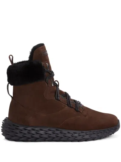 Giuseppe Zanotti Shearling-trim Hi-top Sneakers In Braun