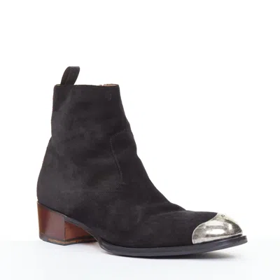 Pre-owned Giuseppe Zanotti Sheldon Black Suede Metal Toe Block Heel Boots