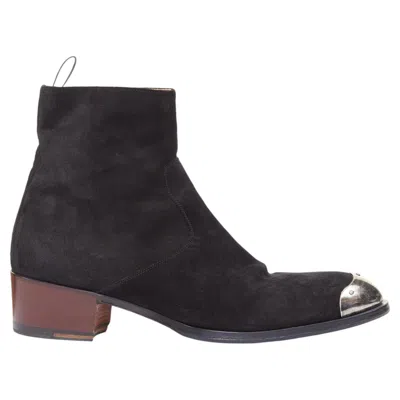 Pre-owned Giuseppe Zanotti Sheldon Suede Silver Metal Toe Cap Block Heel Ankle Boots Eu44 In Black