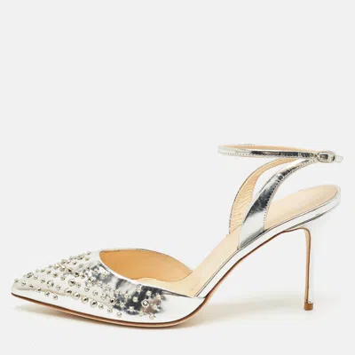 Pre-owned Giuseppe Zanotti Silver Foil Leather Studded Ankle Strap Pumps Size 38.5