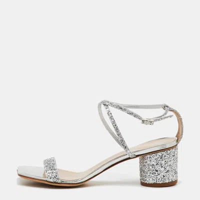 Pre-owned Giuseppe Zanotti Silver Glitter Tara Block Heel Ankle Strap Sandals Size 37.5