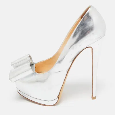 Giuseppe Zanotti Silver Leather Bow Peep Toe Platform Pumps