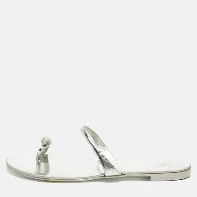 Giuseppe Zanotti Silver Leather Crystal Embellished Toe Ring Flat Sandals
