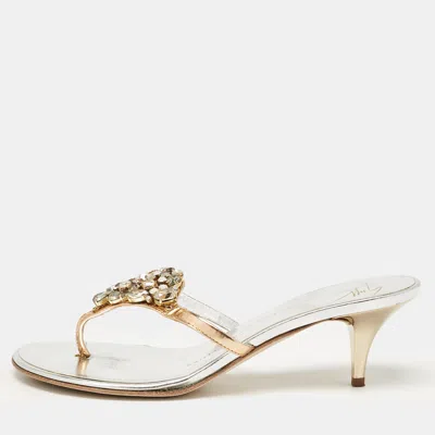 Pre-owned Giuseppe Zanotti Silver Leather Slide Crystal Embellished Sandals Size 38.5