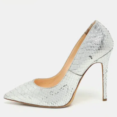 Pre-owned Giuseppe Zanotti Silver Python Embossed Leather Pointed Toe Pumps Size 37.5