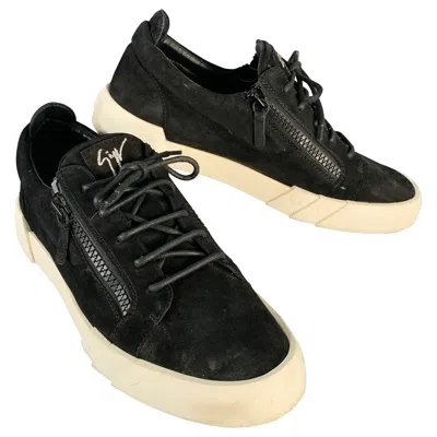 Pre-owned Giuseppe Zanotti Size 12 Black Suede Double Zipper Sneakers