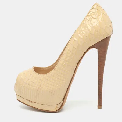 Pre-owned Giuseppe Zanotti Size 35 Cream Python Embossed Leather Peep Toe Pumps In White