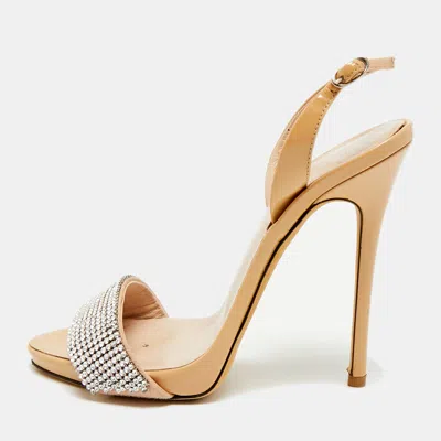 Pre-owned Giuseppe Zanotti Size 36 Beige Patent Leather And Suede Crystal Embellished Slingback Sandals