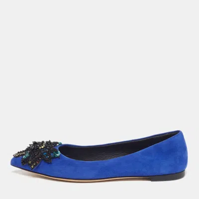 Pre-owned Giuseppe Zanotti Size 36 Blue Suede Embellished Pointed Toe Ballet Flats