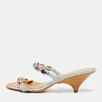 Pre-owned Giuseppe Zanotti Size 36 Blue/grey Lizard Leather Crystal Embellished Slide Sandals In Gray