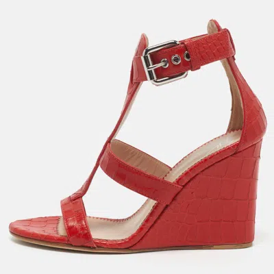 Pre-owned Giuseppe Zanotti Size 36 Red Croc Embossed Leather Ankle Strap Wedge Sandals