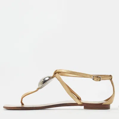 Pre-owned Giuseppe Zanotti Size 36.5 Gold Leather Thong Flats