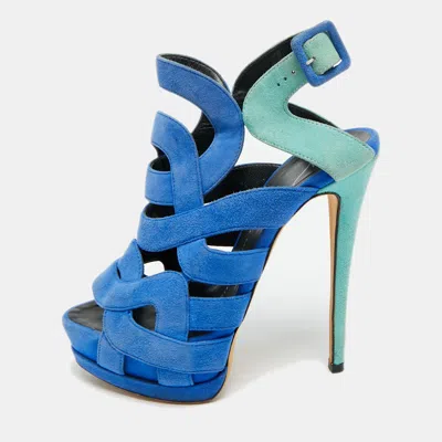 Pre-owned Giuseppe Zanotti Size 36.5 Two Tone Suede Cutout Caged Platform Ankle Strap Sandals In Blue