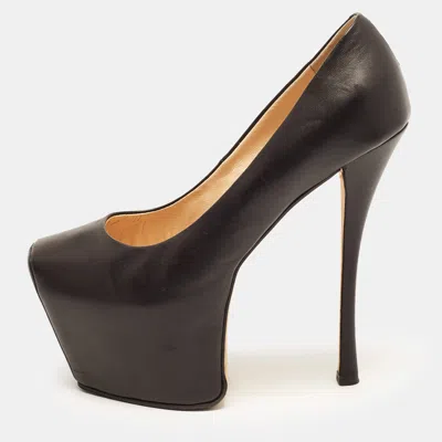 Pre-owned Giuseppe Zanotti Size 37 Black Leather Square Toe Platform Pumps