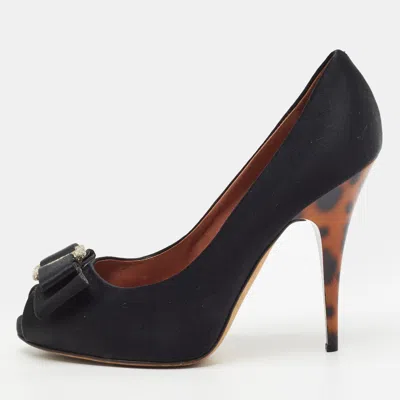 Pre-owned Giuseppe Zanotti Size 37 Black Satin Bow Peep Toe Pumps