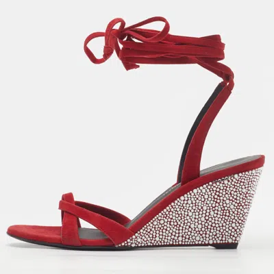 Pre-owned Giuseppe Zanotti Size 37 Red Suede Crystal Embellished Wedge Sandals