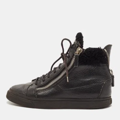Pre-owned Giuseppe Zanotti Size 37.5 Black Leather And Shearling Fur High Top Sneakers
