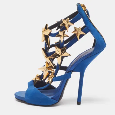 Pre-owned Giuseppe Zanotti Size 37.5 Blue Suede Ankle Strap Sandals
