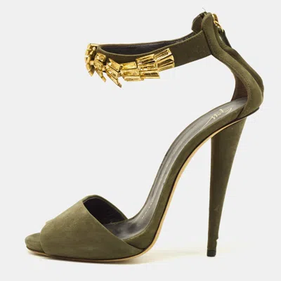 Pre-owned Giuseppe Zanotti Size 37.5 Green Suede Embellished Ankle Strap Sandals