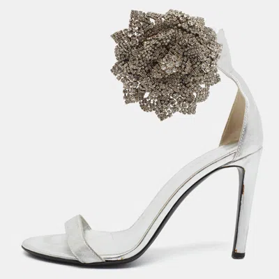 Pre-owned Giuseppe Zanotti Size 37.5 Silver Leather Crystal Embellished Ankle Strap Sandals