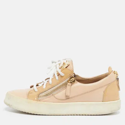 Pre-owned Giuseppe Zanotti Size 38 Beige Leather And Patent Leather Low Top Sneakers In Sand