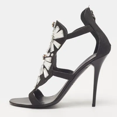 Pre-owned Giuseppe Zanotti Size 38 Black Canvas Mirror Embellished Open Toe Sandals