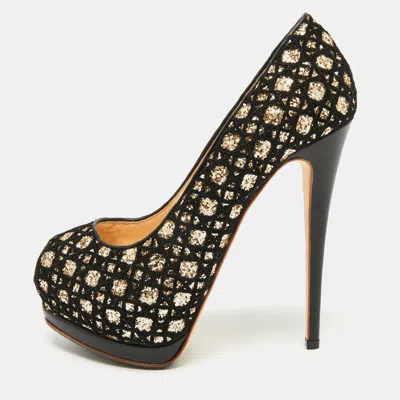 Pre-owned Giuseppe Zanotti Size 38 Black Glitter And Suede Platform Pumps