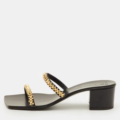 Pre-owned Giuseppe Zanotti Size 38 Black Leather Block Heel Slide Sandals