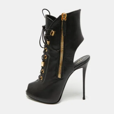 Pre-owned Giuseppe Zanotti Size 38 Black Leather Cut Out Ankle Length Boots