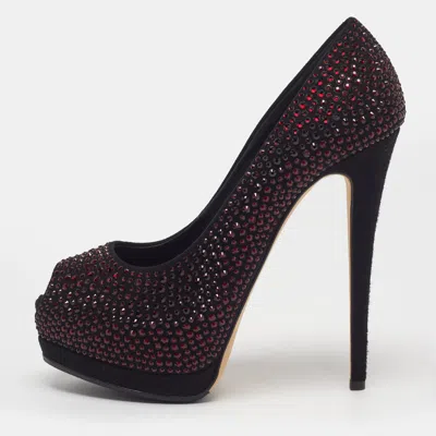 Pre-owned Giuseppe Zanotti Size 38 Black Suede Crystal Embellished Peep Toe Pumps