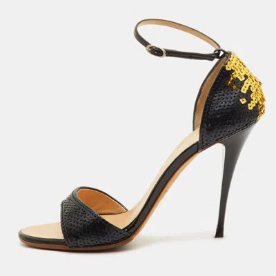 Pre-owned Giuseppe Zanotti Size 38 Black/gold Leather And Sequins Ankle Strap Sandals