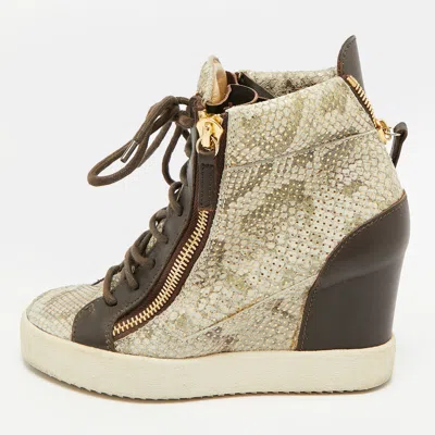 Pre-owned Giuseppe Zanotti Size 38 Brown/grey Leather And Python Embossed Leather Wedge Sneakers