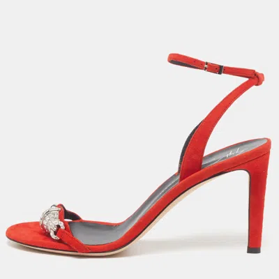 Pre-owned Giuseppe Zanotti Size 38 Red Suede Crystal Embellished Ankle Strap Sandals