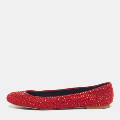 Pre-owned Giuseppe Zanotti Size 38 Red Suede Crystal Embellished Ballet Flats