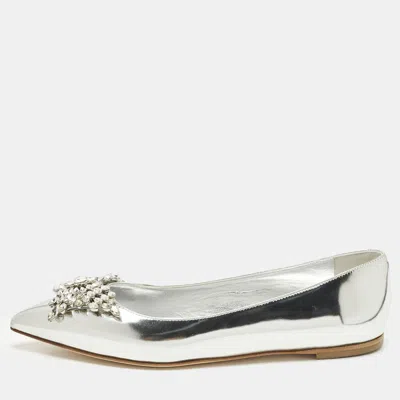 Pre-owned Giuseppe Zanotti Size 38 Silver Leather Crystal Embellished Ballet Flats