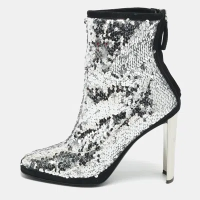 Pre-owned Giuseppe Zanotti Size 38 Silver Sequins And Suede Ankle Length Boots