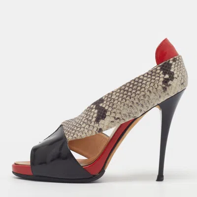 Pre-owned Giuseppe Zanotti Size 38 Tricolor Patent Leather And Python Embossed Peep Toe D'orsay Pumps In Red